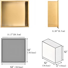 Shower Niche Gold Brushed 12"×12": Stainless Steel Shelf Organizer Waterproof Recessed Niche for Shower Wall - Square Corners Wall-Inserted Storage Niche for Shower Bathroom