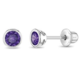 925 Sterling Silver 4mm Purple Bezel Cubic Zirconia Girls Screw Back Earrings
