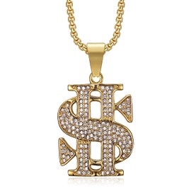 CZ Fully Dollar Sign Pendant Punk Rock Stainless Steel Necklace, 24 inch Chain Hip Hop One Hundred Dollar Bill Money Jewelry Gift, Stainless Steel, Cubic Zirconia