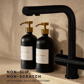 Hand and Dish Soap Dispenser for Kitchen and Bathroom, Set of 2 16 Oz Glass Bottles, Stainless Steel Pumps, Non-Slip Silicone Base, 27 Waterproof Labels (Matte Black Bottle/Brushed Gold Pump)