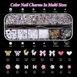 2 Boxes Mixed Nail Charms, Pink White Flowers Bows Heart Acrylic Nail Charms Silver Gold Butterfly Charms for Acrylic Nails, Nail Pearls and Multi Sizes Nail Gems Rhinestones DIY Nail Art Supplies