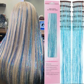 Hair Tinsel 12 Pcs Clip in Hair Tinsel Kit for Girls 22 Inch Glitter Fairy Tinsel Hair Extensions Colorful Heat Resistant Party Festival Hair Accessories for Women Kids (blue)
