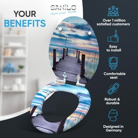 SANILO Wooden Toilet Seat with Soft Close [ELONGATED] - Decorative, Quiet & Slow Close Molded Wood Seat - With Strong Bumpers & Hinges - Adjustable Fit - Sunset