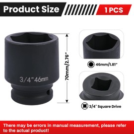 Deep 6-Point Impact Socket 3/4" Drive 46mm,Chrome Molybdenum Steel, Anti-Rust Metric Hex Socket for Car Repairs and Impact Wrench