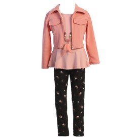 Big Girls Mauve 4 Pieces Pant Set Long Sleeve Jacket Necklace Floral Plaid Pant Size 8