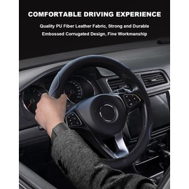 Car Steering Wheel Covers Leather, Steering Wheel Cover Universal Anti-Slip Breathable Elastic Microfiber Leather Corrugated Without Inner Ring Car Interior Accessories 37-38cm Black Blue