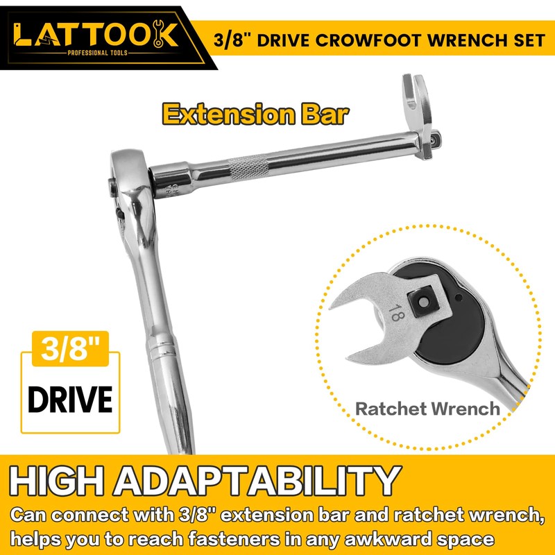 LATTOOK 3/8" Drive Crowfoot Wrench Set, 10-Piece Metric Crows Foot