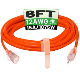 POWGRN 6 ft 12/3 Outdoor Extension Cord Waterproof Heavy Duty with Lighted Indicator End 12 Gauge 3 Prong, Flexible Cold-Resistant Long Power Cord Outside, 15Amp 1875W SJTW Orange ETL Listed
