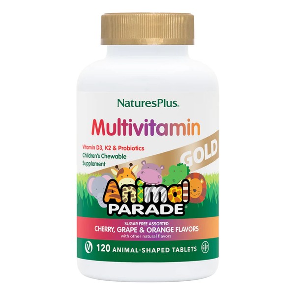 NaturesPlus Animal Parade Gold Children's Multivitamin - 120 Animal-Shaped Chewable Tablets - Assorted Cherry, Orange & Grape Flavors - Vegan, Gluten Free - 60 Total Servings
