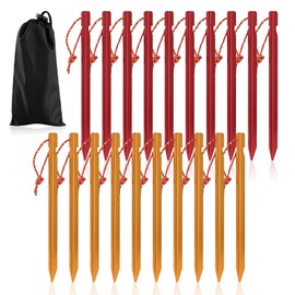 UICCVOKK 20 Stück Zeltheringe, 18cm/7" Zeltheringe Sturmsicher, Sandheringe, Aluminium Heringes,Heringe Camping Ultralight Heavy Duty, Winddichte und verstärkte Bodennägel mit Seil (Rot+Gold)