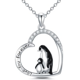 KNTTZZI Mom and Baby Penguin Necklace 925 Sterling Silver Penguin Heart Pendant Zirconia Penguin Jewelry Mother's Day Gift for Mom Women Penguin Lovers