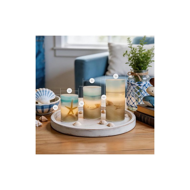 Beach Flameless LED Candles with Remote - Set of 3