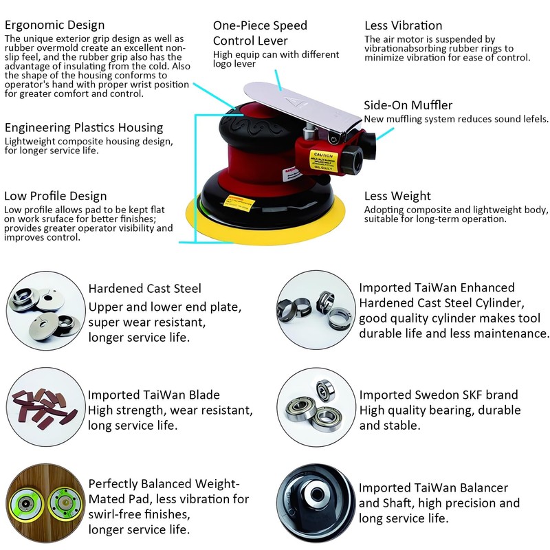 Professional Air Random Orbital Palm Sander, Dual Action Pneumatic Sander,