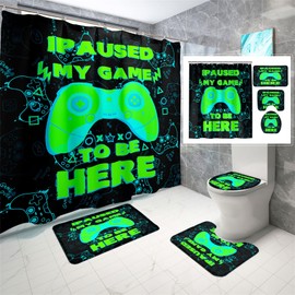 Gamer Shower Curtain for Boys, 4Pcs Green Games Bathroom Shower Curtain Set, Video Games Pattern Bathroom Sets with Shower Curtain and Rugs, Gamepad Bathroom Shower Curtain with 12 Hooks, 70" x 70"