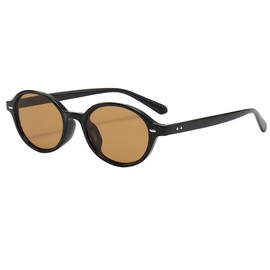 Teumire Retro Oval Sunglasses for Women Men Ultralight Small Round Black Sun Glasses 90s Sunnies UV 400 Shades(Black/Brown)