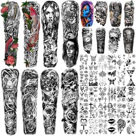 46 Sheets Full Arm Temporary Tattoo Waterproof For Men(L22.8"xW7"), Fake Tattoos for Women Lion Tiger Clock Flower Skeleton Animals Design, Hand Forearm Shoulder 3D Temporary Tattoos Stickers - Color: clock