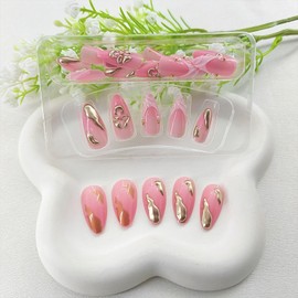 24Pcs Summer Press on Nails Medium Fake Nails Medium Artificial Manicure Art for Women Stereo Flower Lines Pearl Design Pattern Glue on Nails White French Tip False Nails Press ons Pink Stick on Nails