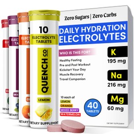 QUENCH COMPANY Quench Electrolyte Tablets 40 Count Instant Hydration, Electrolytes, Fasting Electrolytes No Sugar for Optimal Hydration Support Not Powder - Watermelon, Orange, Mixed Berry, Lemon Flavors