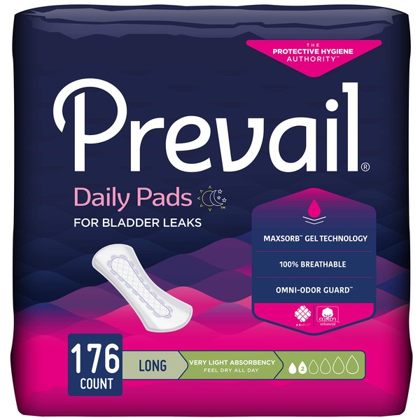 Prevail Proven - Prevail Incontinence Bladder Control Pads - Bladder Leak Pads - Very Light Absorbency, Long, 176 Count (4 Packs of 44)