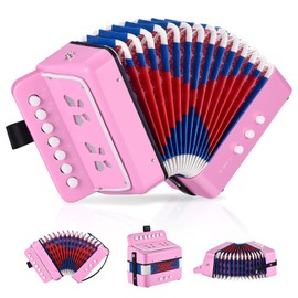 RIVVTA Accordion, 10 Keys Button Accordion 7 Key 3 Bass Mini Musical Instrument, Light Pink
