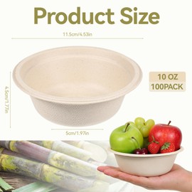 Aeaocvo 10 oz Paper Bowls, 100 Pack Small Disposable Bowls, Compostable Bowl 350ml Disposable Serving Bowl for Party, Camping, Birthday, Festivals