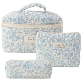 GSenhui Women's Quilted Toiletry Bag Set, Make Up Bag, Aesthetic Cosmetic Bag, Flowers, Portable Makeup Bag with Floral Pattern, Toiletry Bag for Girls, Women, Pack of 3