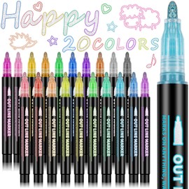 Labeol 20 Colors Glitter Markers Double Line Outline Pens Shimmer Metallic Markers Drawing Crafts Art Supplies Trendy Gift Idea for Girls Teens Christmas Birthday