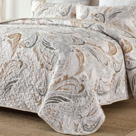 WONGS BEDDING Boho Quilt Set Queen,Beige Paisley Floral Pattern Bedspread Coverlet Set with 2 Pillowcases,Lightweight Microfiber Bohemian Quilt Bedding Set 96"×90"