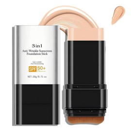 3 In 1-Luxury Anti-Wrinkle Foundation Stick SPF 50+ with Brush, Hydrating Non-Sticky Matte Foundation Stick, Travel Size Defense Face and Body Sunscreen Lotion, Medium Color, 1.42 Fl Oz