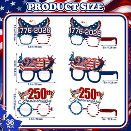 Tellegloww 36 Pcs 250th Anniversary Eyeglasses Decorations, Patriotic USA 4th of July Party Supplies Favors Paper Glasses American Flag Photo Booth Props Accessories for Independence Day Memorial Day