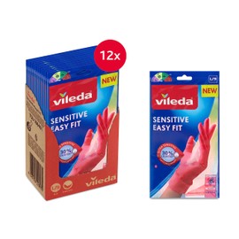 Vileda Sensitive Easy Fit Large 12 Pairs Nitrile Household Gloves, Latex and Powder Free, Maximum Sensitivity and Comfort, Easy to Wear, Pink - Large Size