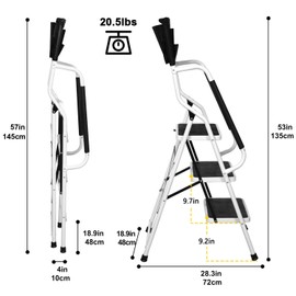 WiberWi Step Ladder 3 Step with Handrails 500 lb Capacity Step Stool Folding Ladders for Home Kitchen with Safety Side Handrails Non-Slip Wide Pedal Stepladder with Attachable Tool Bag