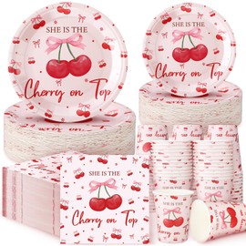Zhehao 200 Pcs She's the Cherry on Top Decoration Baby Shower Plates Napkins Sets Birthday Party Bridal Shower Decoration Wedding Paper Plates Engagement Bachelorette Supplies,Serve 50