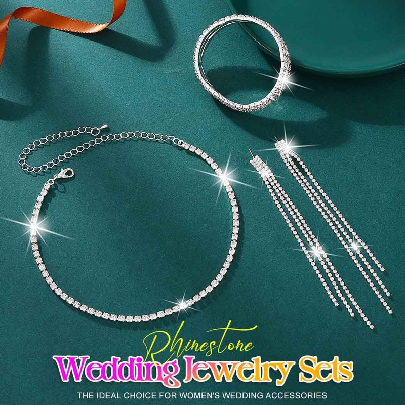 Aukmla Rhinestone Wedding Jewelry Sets Silver Choker Necklaces and Earring