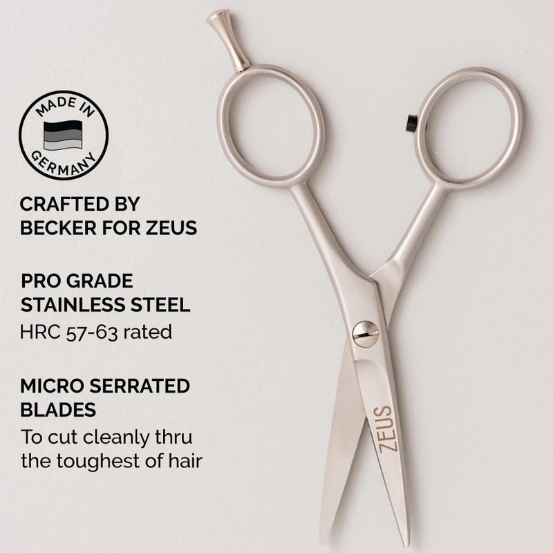 ZEUS Stainless Steel Beard Trimming Scissors with Leather Case, Facial