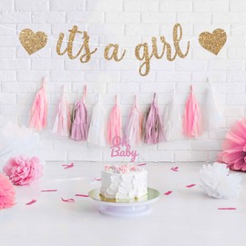Pre-Strung It's A Girl Banner - NO DIY - Gold Glitter Baby Shower Gender Reveal Party Banner For Girl - Pre-Strung Garland on 8 ft Strand - Baby Shower Party Decorations. Did we mention no DIY