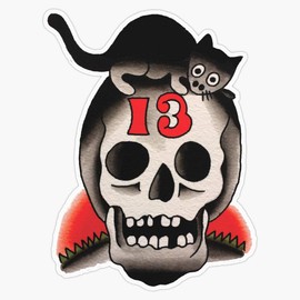 Traditional Lucky 13 Cat On Skull Tattoo Design Waterproof Vinyl Window Bumper Sticker Decal 5"