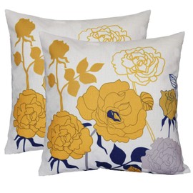 sykting Yellow Pillow Covers Farmhouse Cotton Linen Outdoor Throw Pillow Covers Cases 18x18 inch for Couch Sofa Bed Floral Pattern Pack of 2