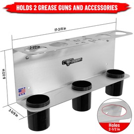 Pit Posse PP3363 Hand Grease Gun Tube Holder Rack - Made in USA - Holds 2 Grease Guns- Garage Organizer Aluminum Storage Caddy Wall Mount Accessory for Enclosed Trailer, Shop, or Garage (Silver)