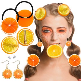 Pack of 3 Hair Clips Orange Hair Clips + Orange Earrings + Orange Discs Elastic Hair Scrunchie Girls Women Cute Fruit Hair Accessories for Carnival Party, orange