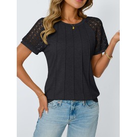 AUTOMET Womens T Shirts Lace Tops Fashion Short Sleeve Trendy Business Casual Dressy Knitted Summer Clothes 2025 Black XL