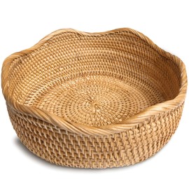 HITOMEN Handmade Rattan Bread Baskets Round Wicker Fruit Serving Storage Bowls, Natural Woven Decorative Kitchen Counter Organizing (Honey Brown) M-10.2"