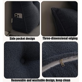 SRXBYWS Queen Size Ergonomic Wedge Pillow for Bed - Adjustable Headboard Pillow with 2 Neck Rolls, Removable Velvet Cover & Side Pockets, Non-Slip Base for Reading, Floor Sitting (Dark Blue)