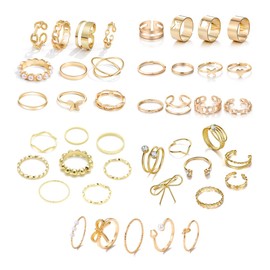 FDEETY 43 Pieces Gold Rings Set Adjustable Finger Rings Trendy Stacking Rings Set Simple Plain Band Rings for Women Girls, Metal