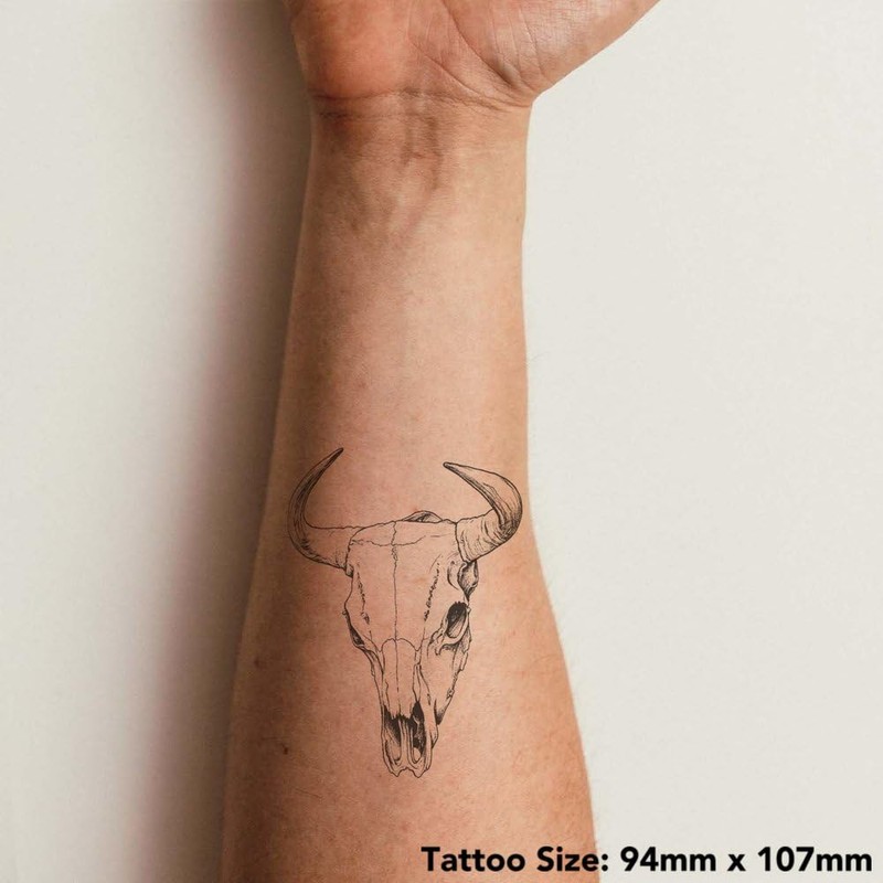 'Cow Skull' Temporary Tattoo - Water Resistant, Skin-Safe, Non-Toxic Transfer
