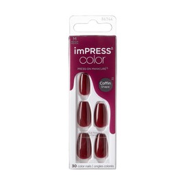 KISS imPRESS Color Coffin Winery in NYC - Unghie Finte Adesive Effetto Ricostruzione Gel. Unghie Press-On Senza Colla con Adesivo, colore Borgogna e Coffin shape, applicazione facile.