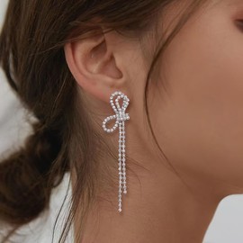 BriLove Bow Earrings for Women Bling Rhinestones Earrings,Long Linear Tassels Dangle for Wedding Party Prom Daily Wear Clear Silver-Tone