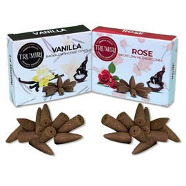 TRUMIRI Backflow Incense Cones - Combo Pack of 20 Incense Cones Waterfall - 10 Vanilla + 10 Rose - Incense Backflow Cones - Waterfall Incense Cones - Incense Waterfall Cones