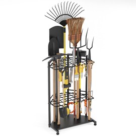 Sttoraboks Garden Tool Organizer for Corner - Heavy Duty Metal Rack with 34 Storage Compartments & 14 Hooks for Shovels, Rakes, Long-Handled Tools, Ideal for Garden, Shed, Garage Storage