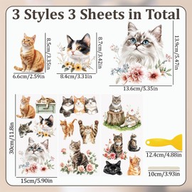 WANDIC 3Sheet Cats Flowers Rub on Transfer Stickers Waterproof Cosy Kittens Transfer Decals Kitty Animal Stickers for Crafts Furniture DIY Crafts Decoration,15 * 30cm